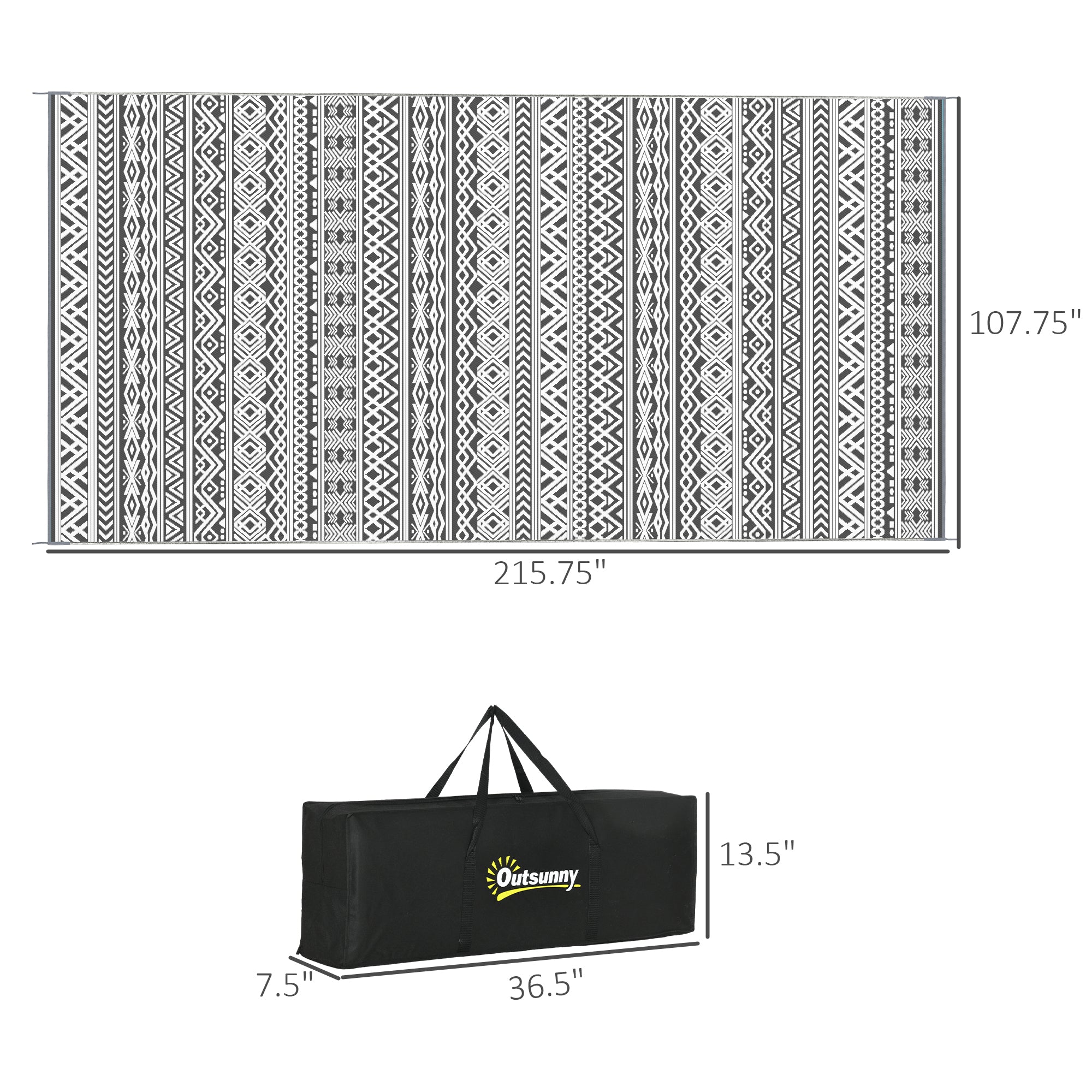 9×18 RV Camping Rug With Carry Bag, Gray & Cream White Boho Pattern