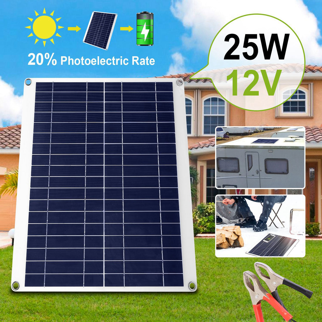 1Pc Outdoor Solar Panel 12V 25W Car Battery Charger