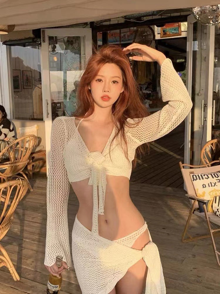Long Sleeve Knitted Women Swimsuit Sexy Style Bikini Set Cover Up