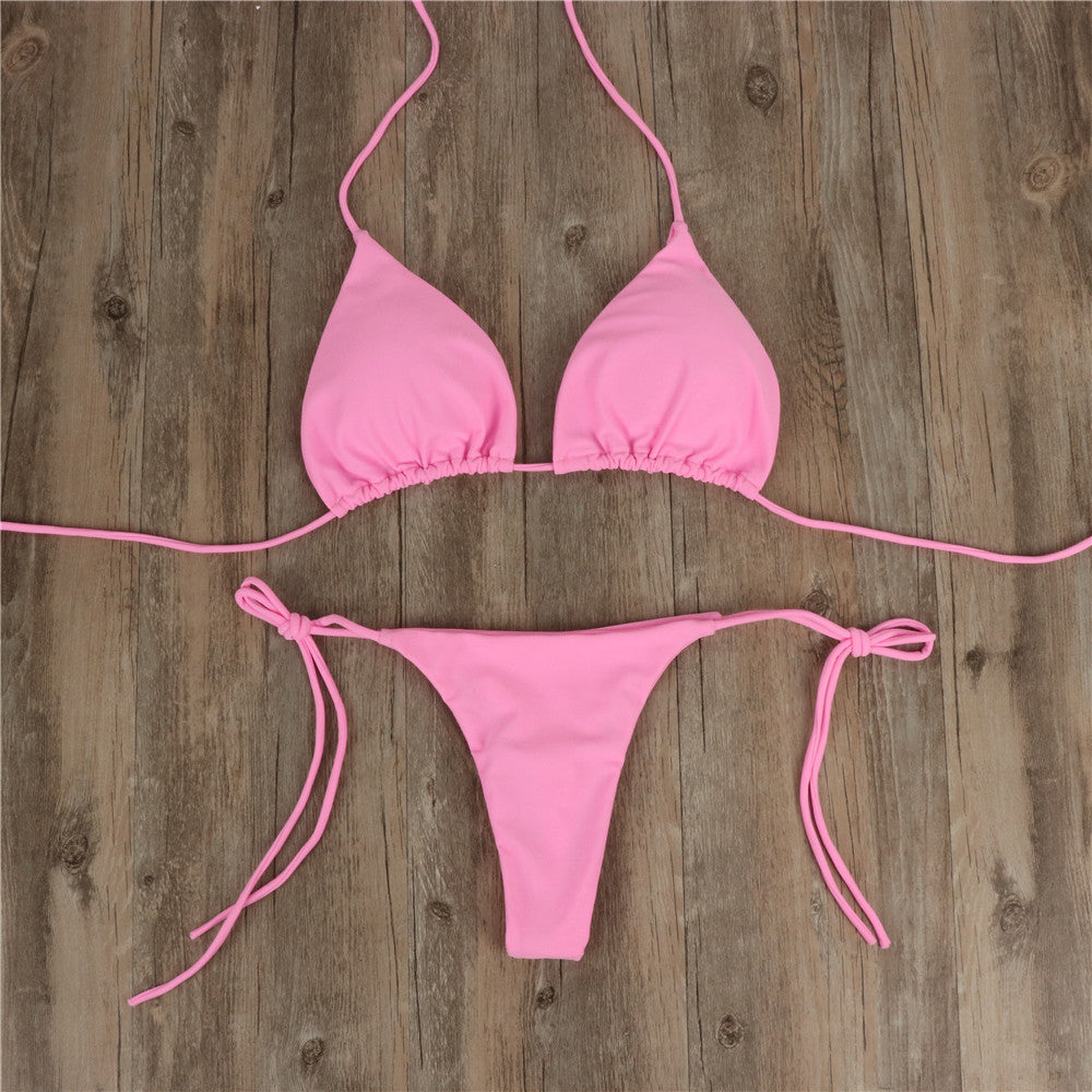 2pcs Solid Color Sexy Split Strap Adjustable Swimsuit Suit