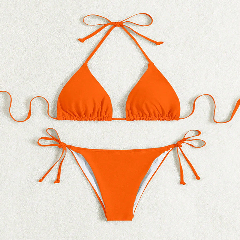 Solid Color Side Tie Halter Bikini Swimsuit