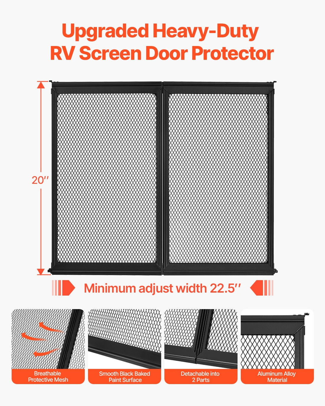 RV Screen Door Protector Aluminum Alloy Pet Mesh 22.5×20 Inch Black