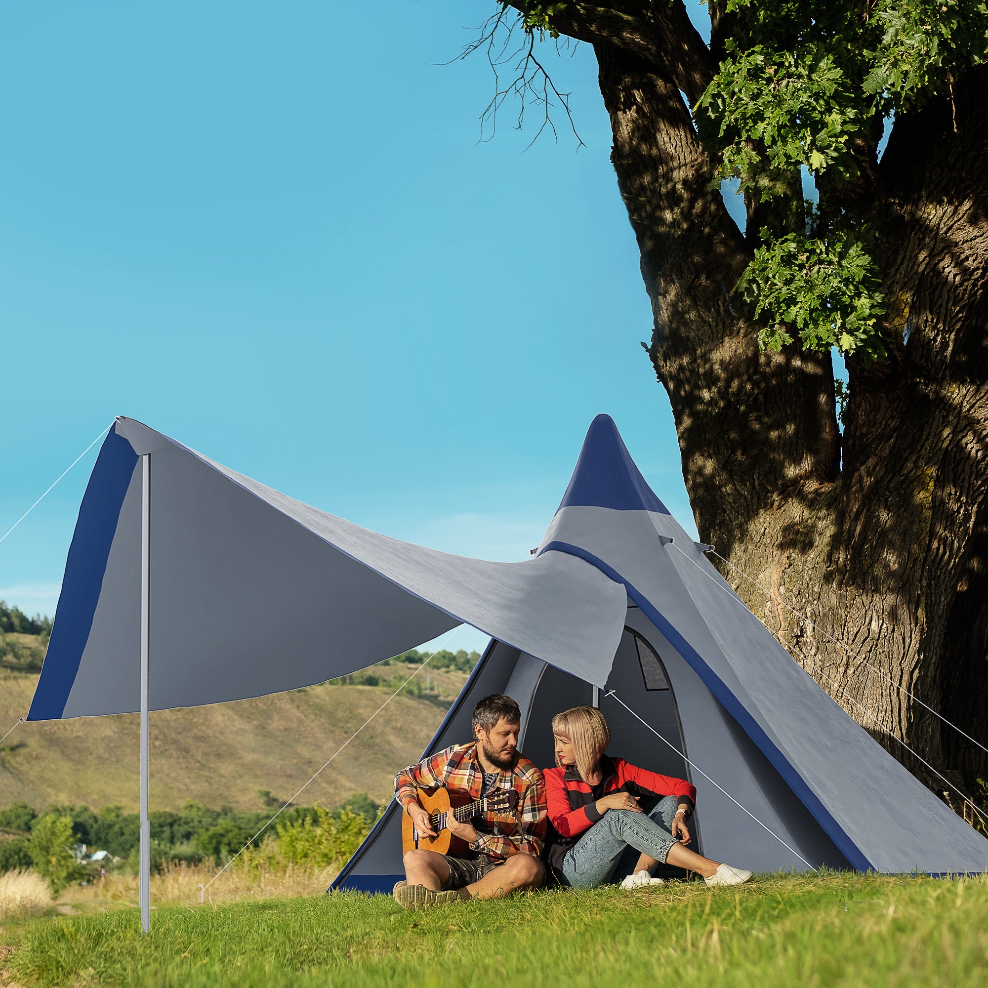 15.4×15.4×8.5 Ft Waterproof Teepee Camping Tent With Porch (Blue), 2–3 Person Outdoor Hiking Tent