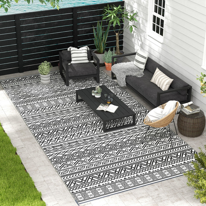 9×18 RV Camping Rug With Carry Bag, Gray & Cream White Boho Pattern