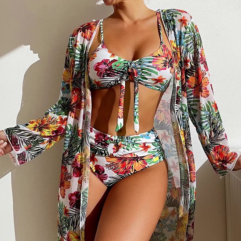 Plus Size Women Long Blouse Split Bikini Set