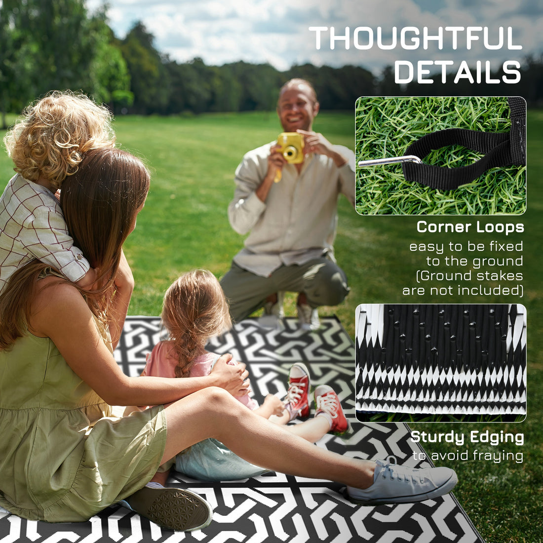 8×10 RV Camping Rug With Carry Bag, Black & White Chain Pattern