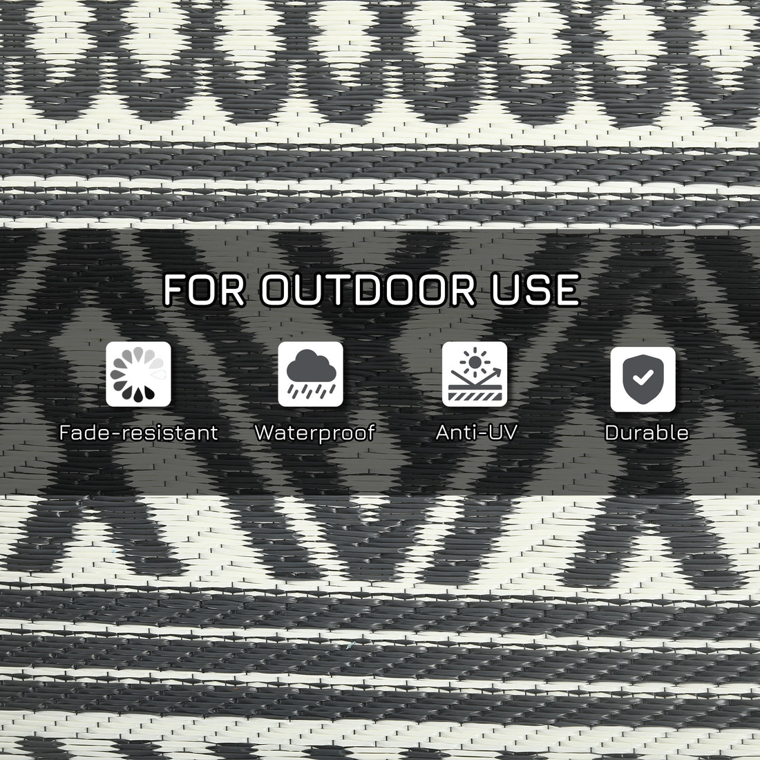 9×18 RV Camping Rug With Carry Bag, Gray & Cream White Boho Pattern