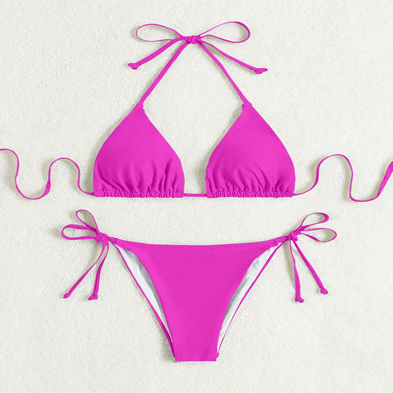 Solid Color Side Tie Halter Bikini Swimsuit