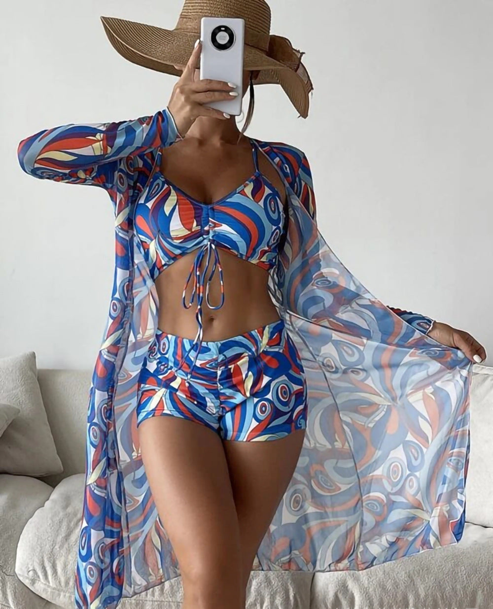 High Waist Three-Piece Long Sleeve Drawstring Swimsuit Set