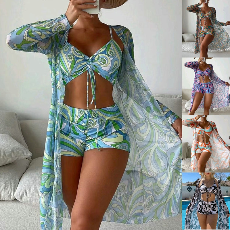 High Waist Three-Piece Long Sleeve Drawstring Swimsuit Set