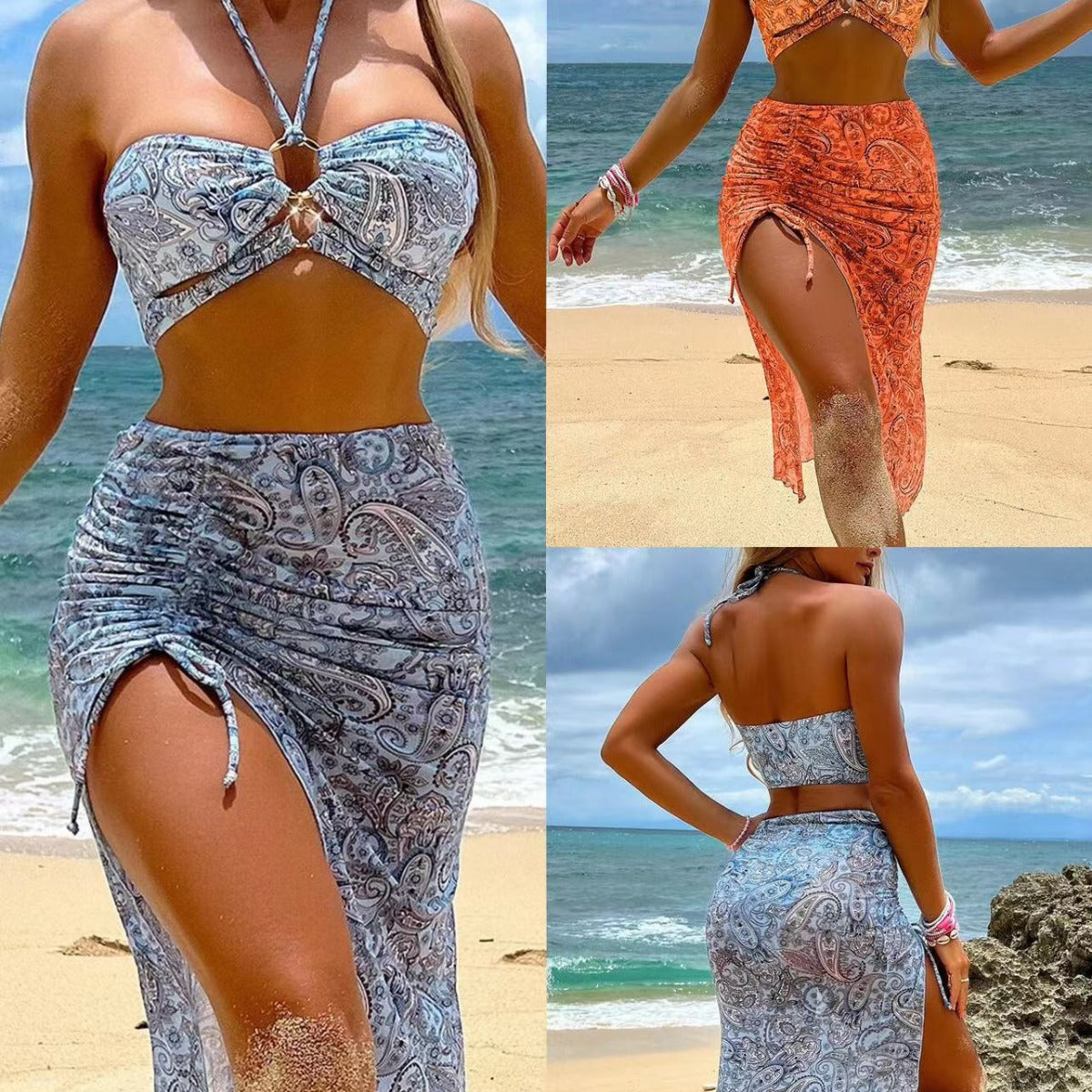 Women’s 3 Piece Mesh Print Split Skirt Swimsuit