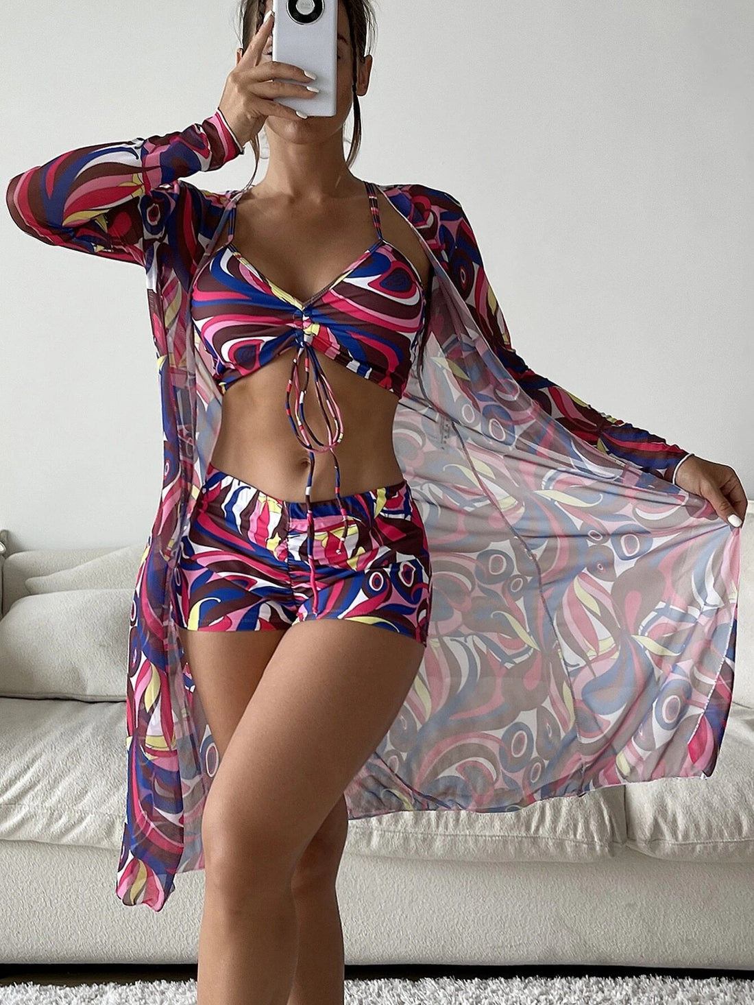 High Waist Three-Piece Long Sleeve Drawstring Swimsuit Set