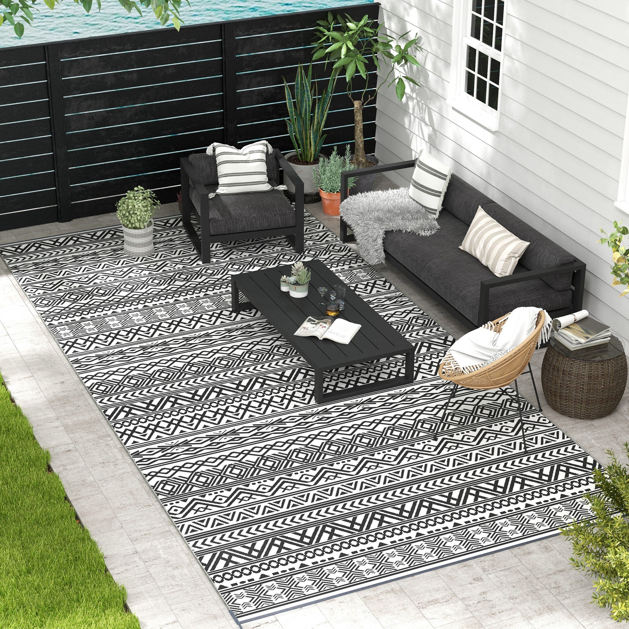 9×18 RV Camping Rug With Carry Bag, Gray & Cream White Boho Pattern