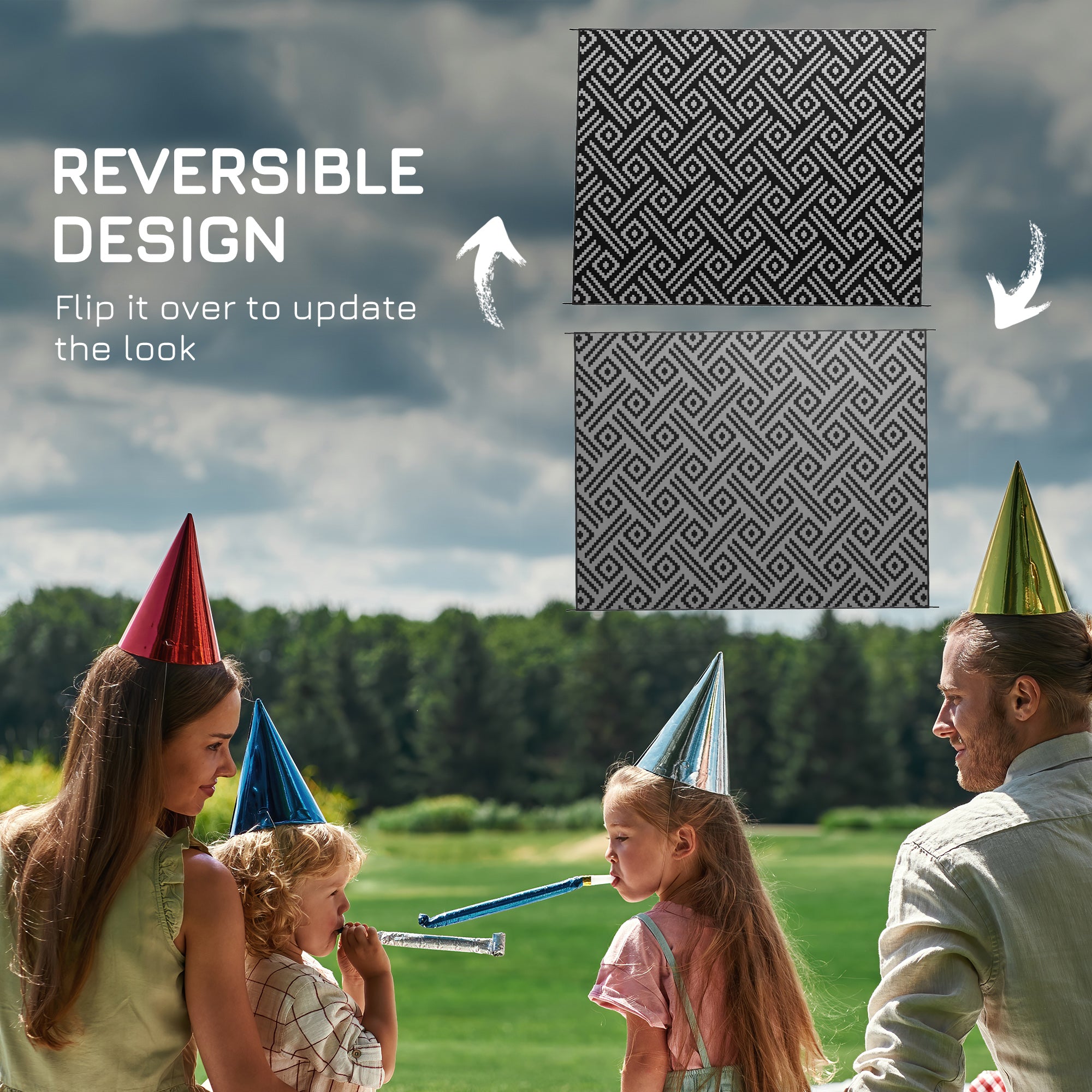 Reversible Black & Gray Geometric Outdoor Rug