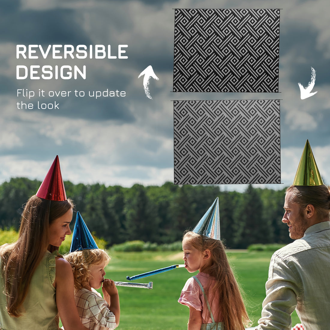 Reversible Black & Gray Geometric Outdoor Rug