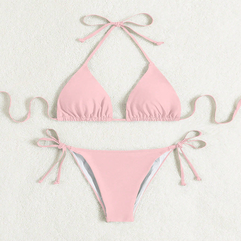 Solid Color Side Tie Halter Bikini Swimsuit