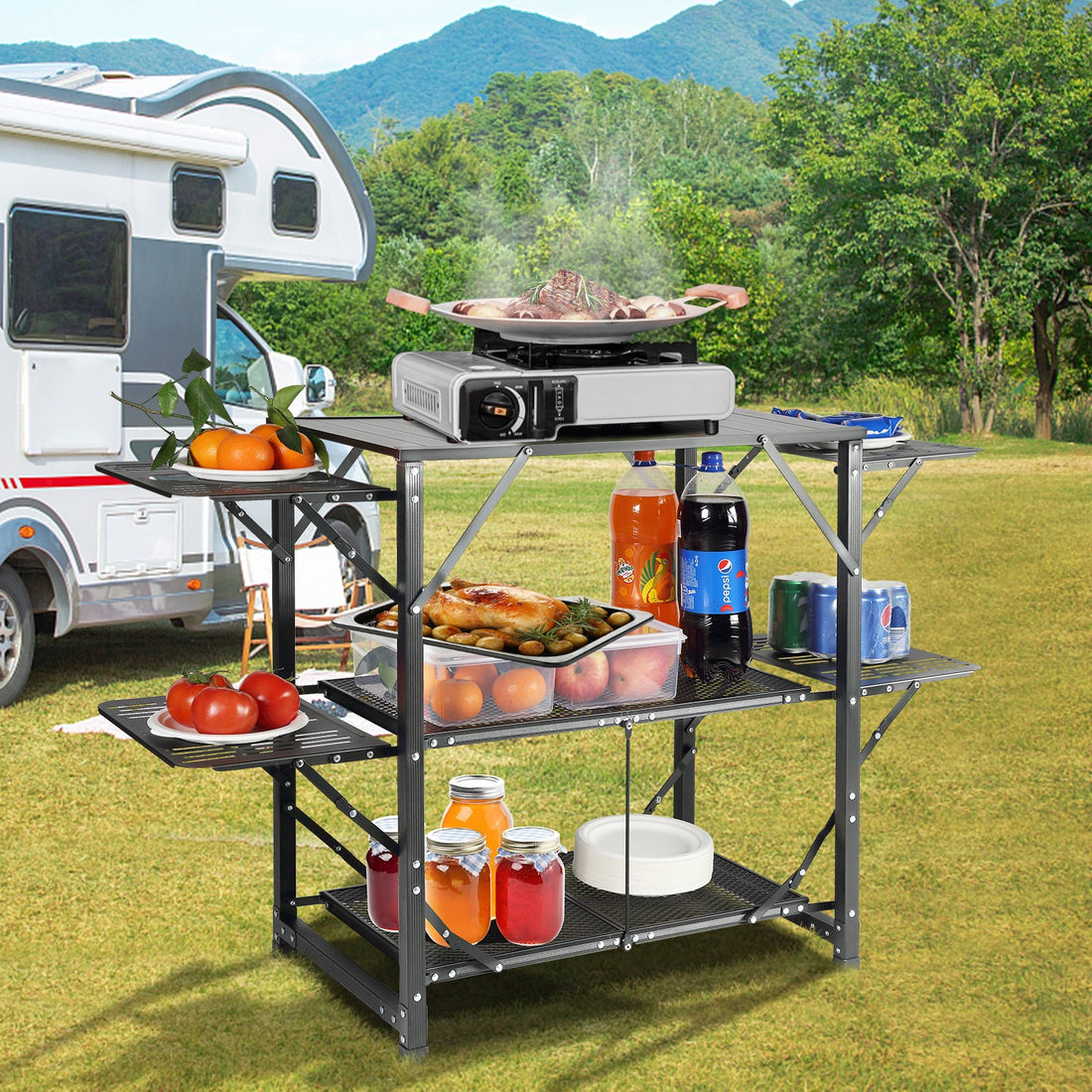 Folding Camping Kitchen Cook Station With Carry Bag, Shelves & Side Tables