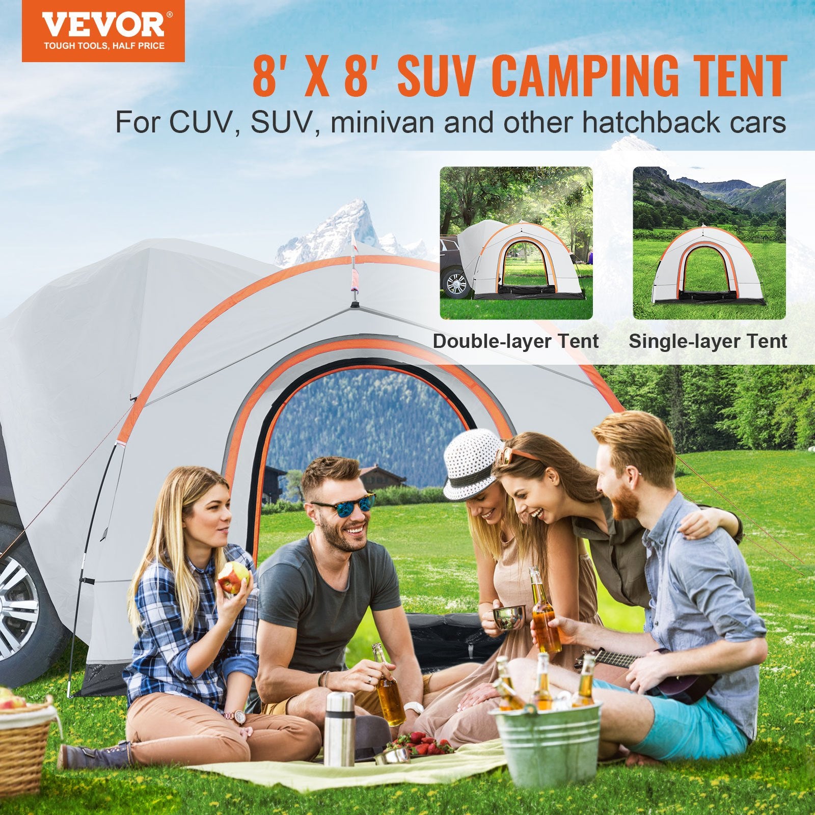 SUV Camping Tent 8 Ft SUV Attachment Tent 6–8 Person Waterproof Double Layer