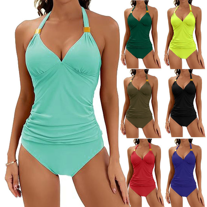 2 Piece Solid Color Halter Neck Bikini Set