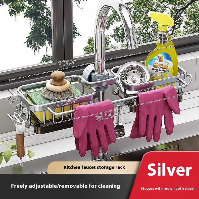Aluminum Kitchen Sink Faucet Storage Rack With Drain Basket