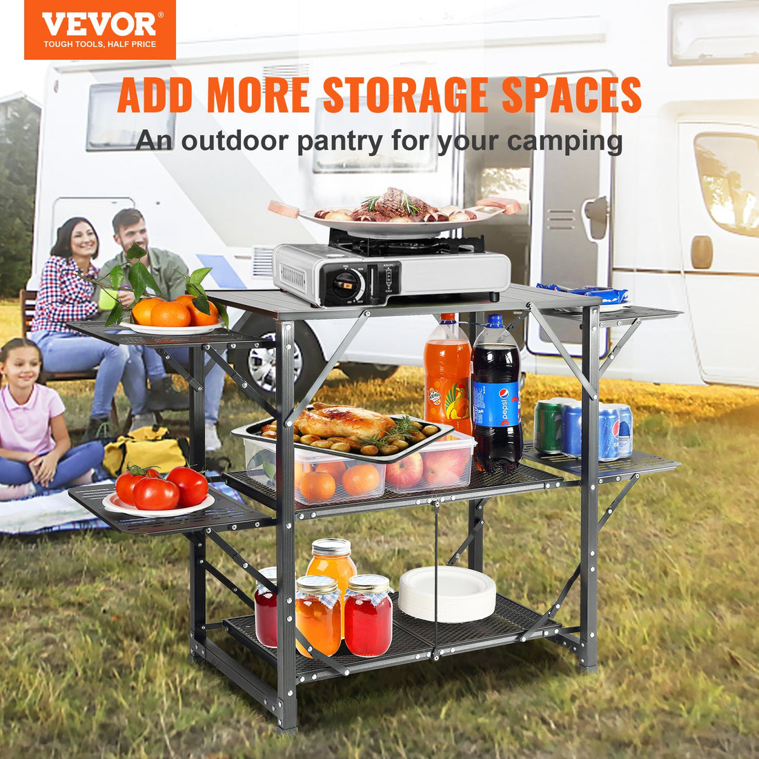 Folding Camping Kitchen Cook Station With Carry Bag, Shelves & Side Tables