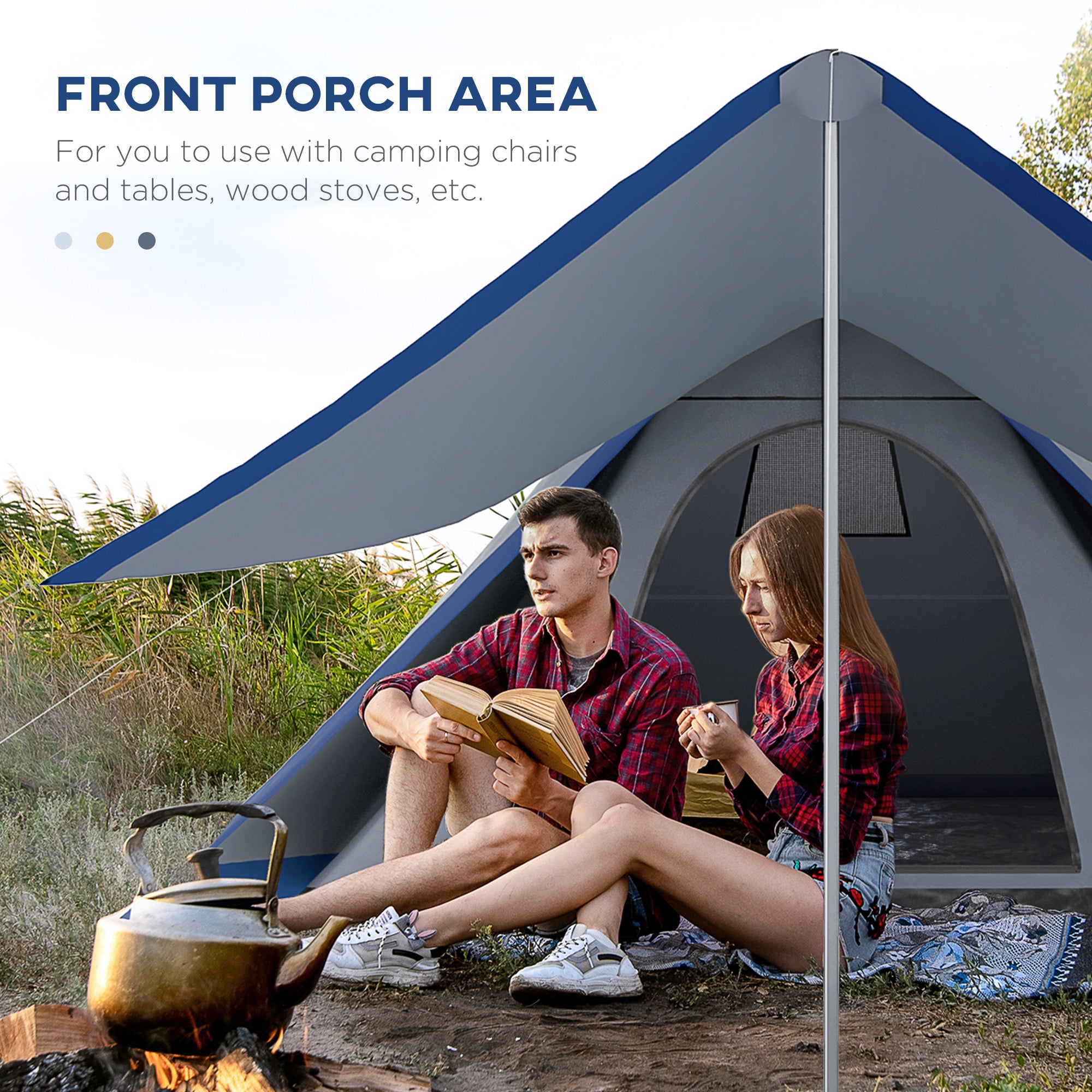 15.4×15.4×8.5 Ft Waterproof Teepee Camping Tent With Porch (Blue), 2–3 Person Outdoor Hiking Tent