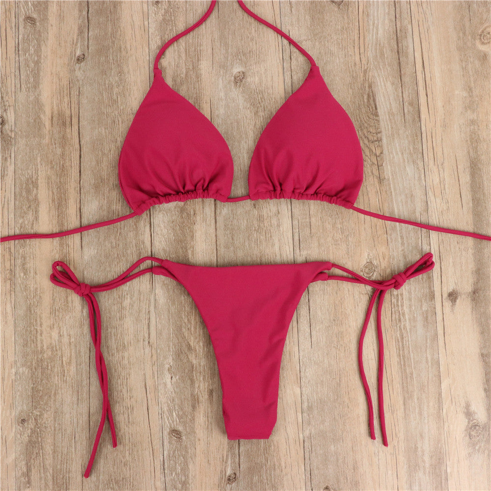 2pcs Solid Color Sexy Split Strap Adjustable Swimsuit Suit