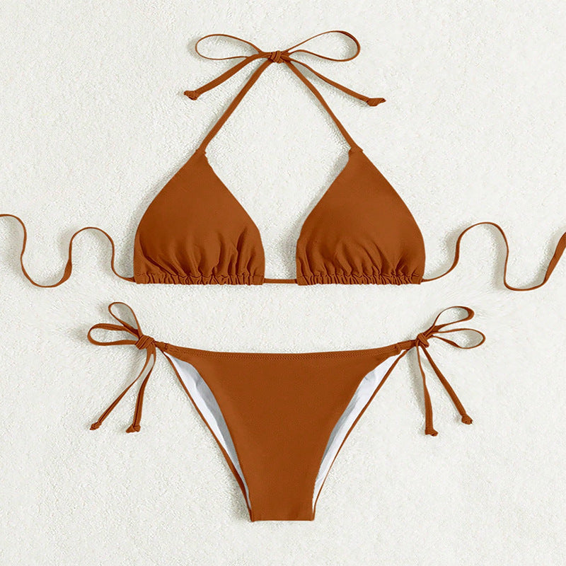 Solid Color Side Tie Halter Bikini Swimsuit
