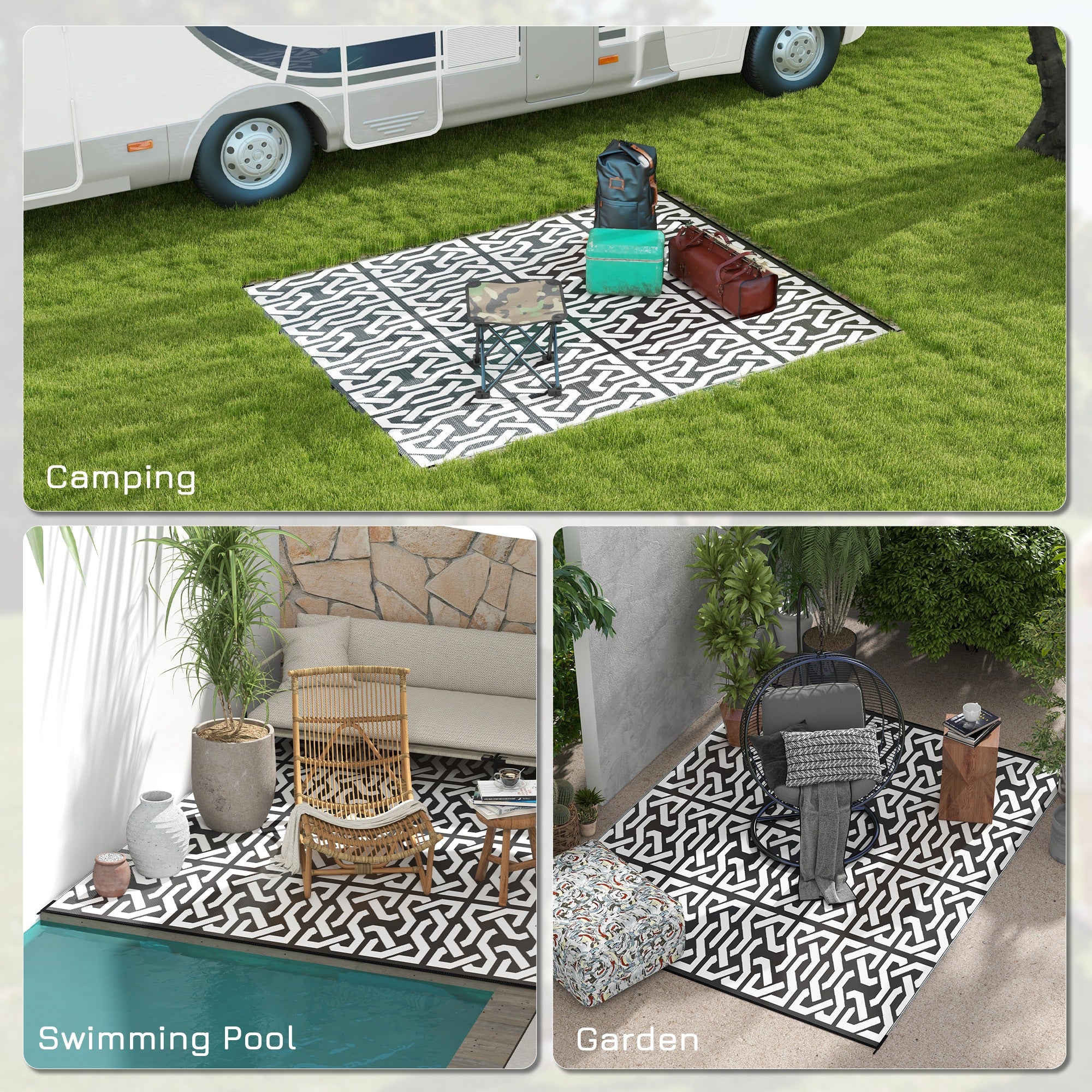 8×10 RV Camping Rug With Carry Bag, Black & White Chain Pattern