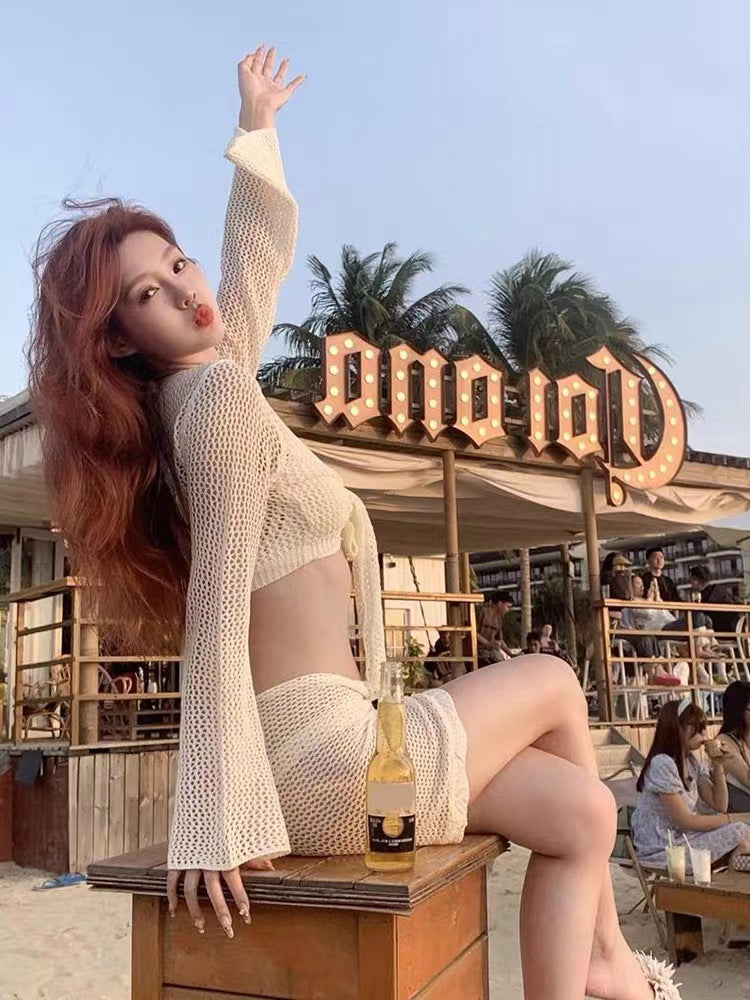 Long Sleeve Knitted Women Swimsuit Sexy Style Bikini Set Cover Up