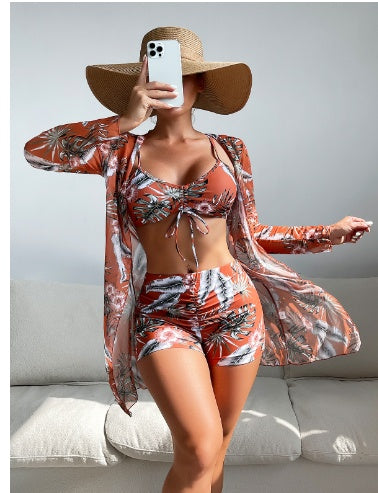 High Waist Three-Piece Long Sleeve Drawstring Swimsuit Set