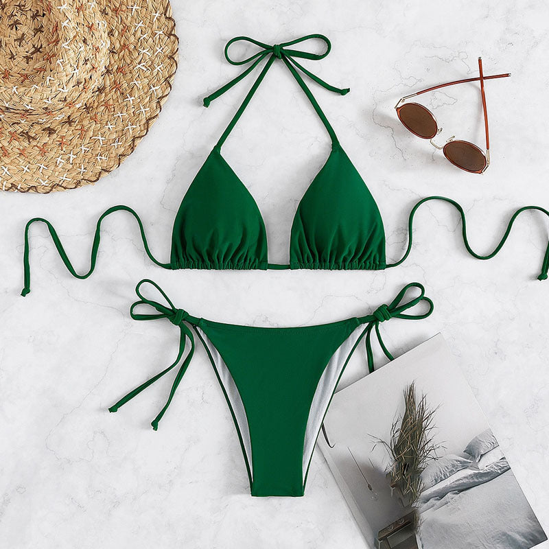 Solid Color Side Tie Halter Bikini Swimsuit