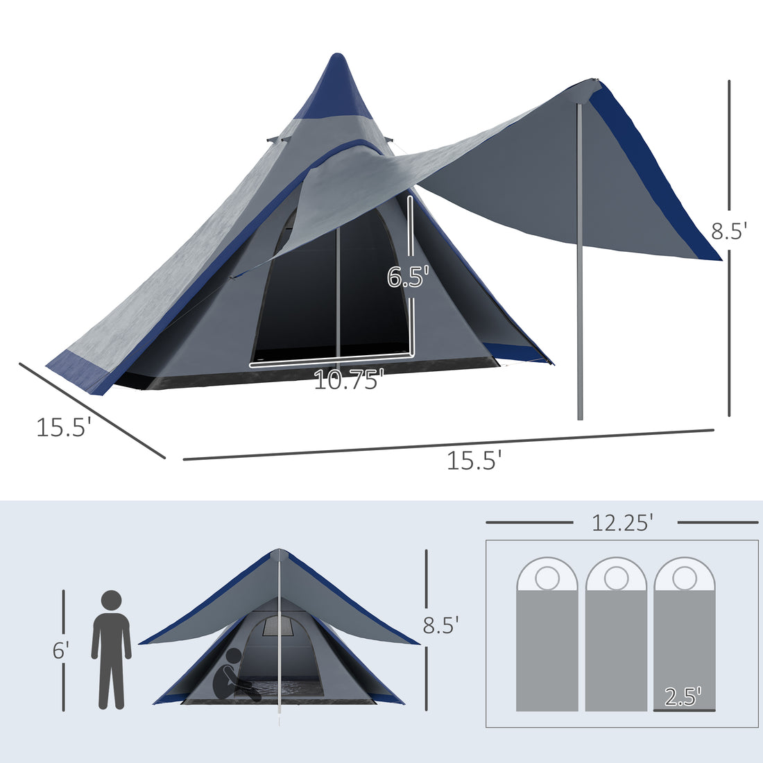 15.4×15.4×8.5 Ft Waterproof Teepee Camping Tent With Porch (Blue), 2–3 Person Outdoor Hiking Tent
