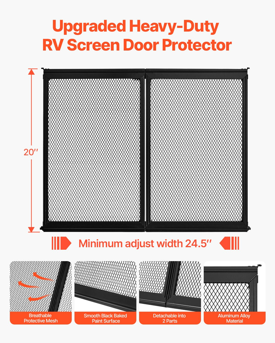 RV Screen Door Protector Aluminum Alloy Pet Mesh 24.5×20 Inch Black