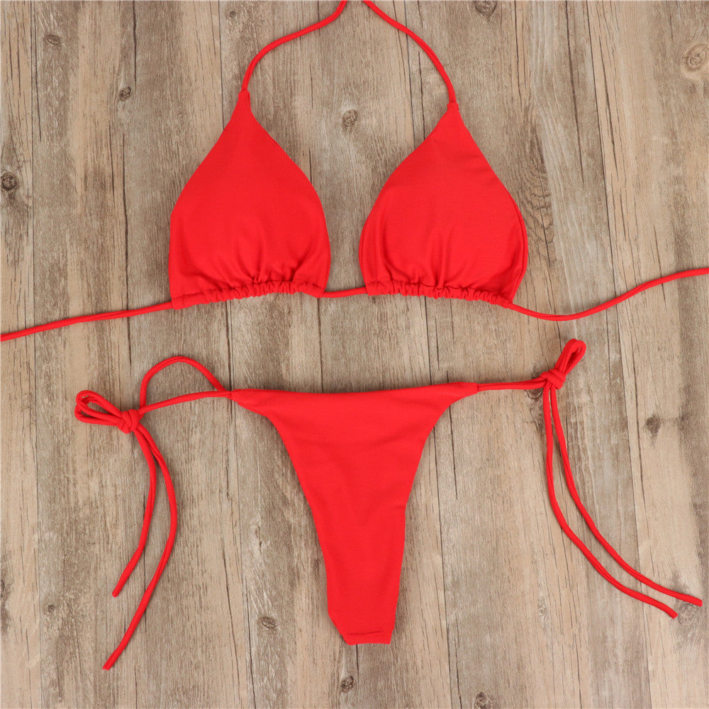 2pcs Solid Color Sexy Split Strap Adjustable Swimsuit Suit