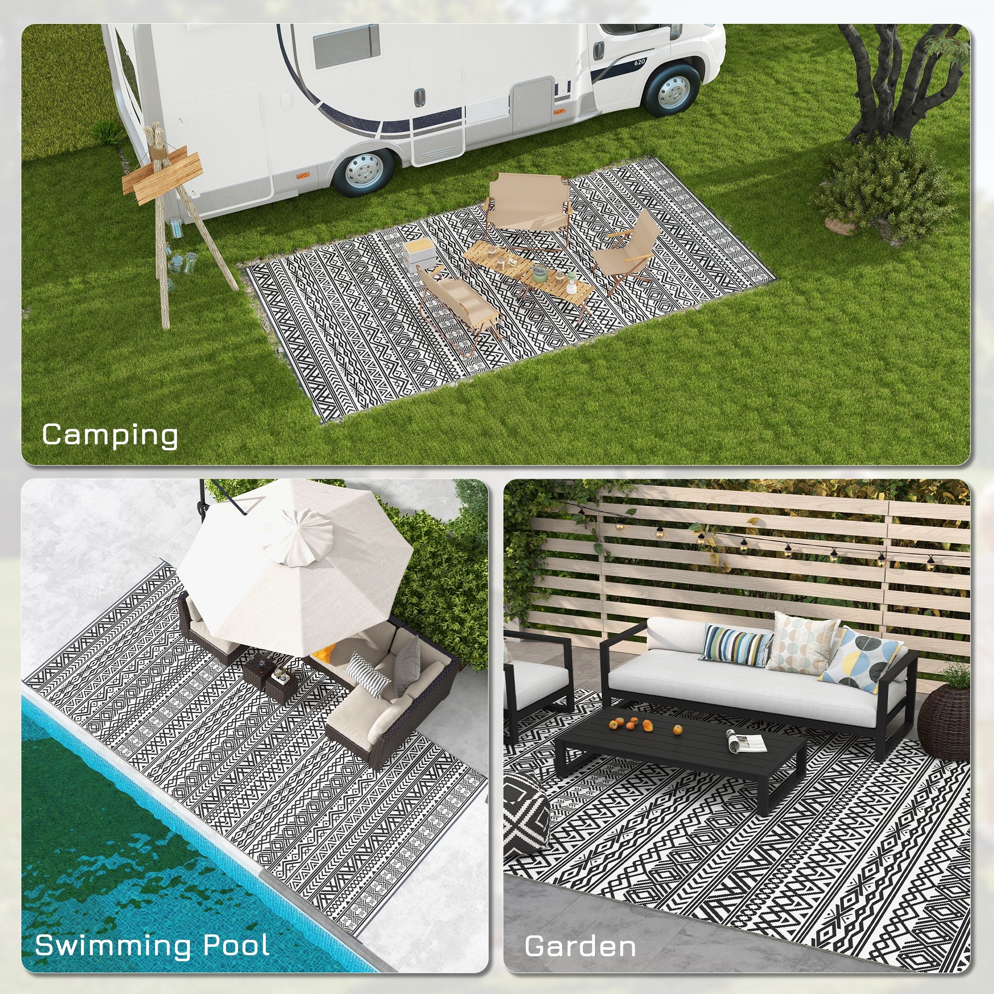 9×18 RV Camping Rug With Carry Bag, Gray & Cream White Boho Pattern