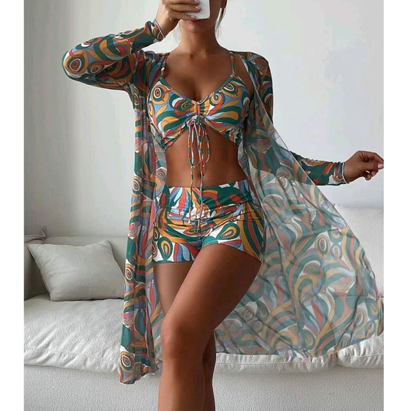 High Waist Three-Piece Long Sleeve Drawstring Swimsuit Set
