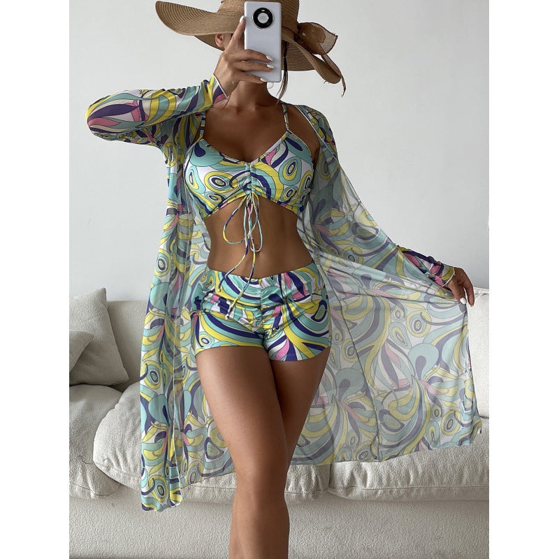 High Waist Three-Piece Long Sleeve Drawstring Swimsuit Set