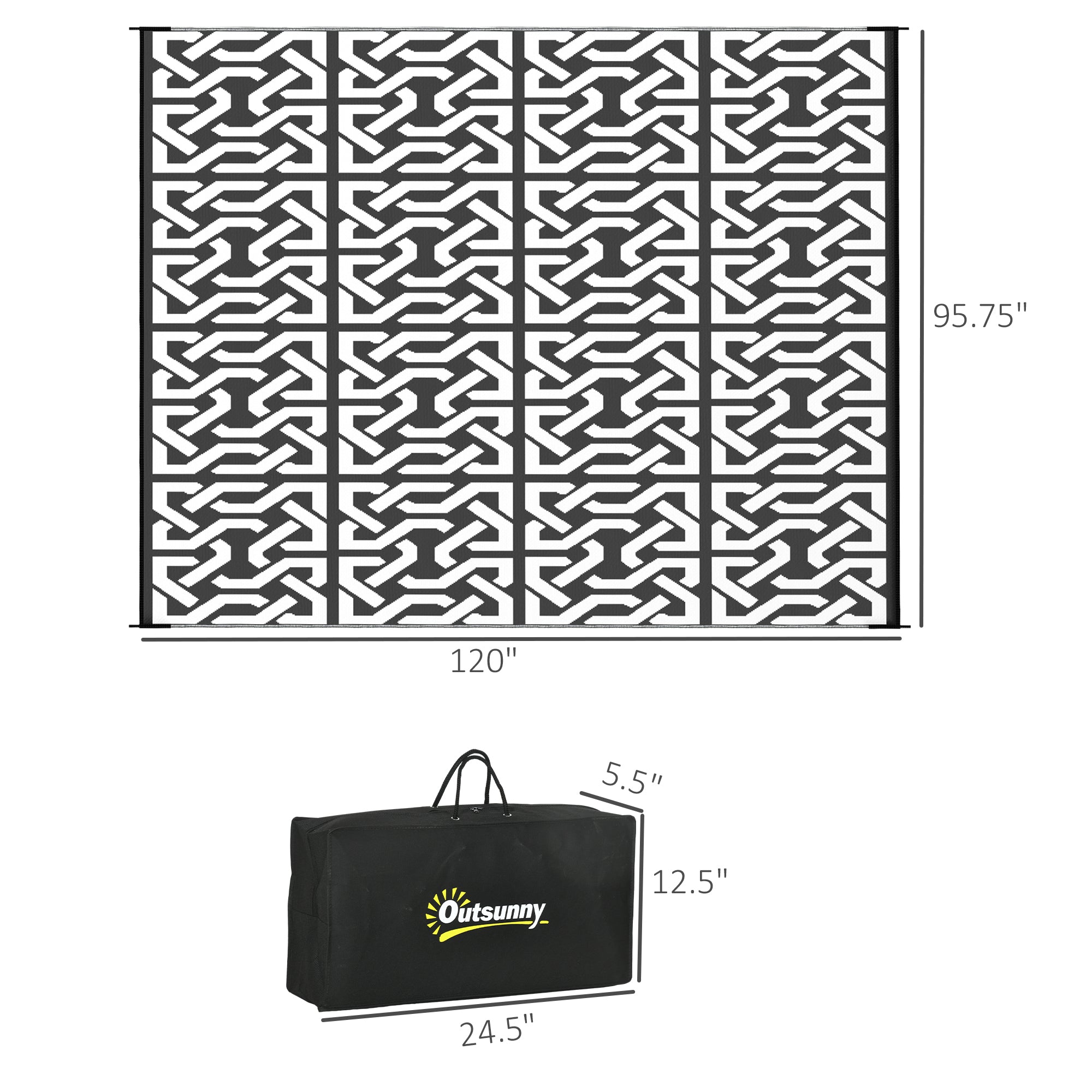 8×10 RV Camping Rug With Carry Bag, Black & White Chain Pattern