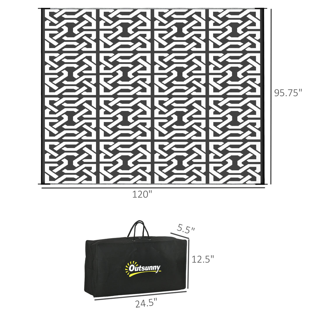 8×10 RV Camping Rug With Carry Bag, Black & White Chain Pattern