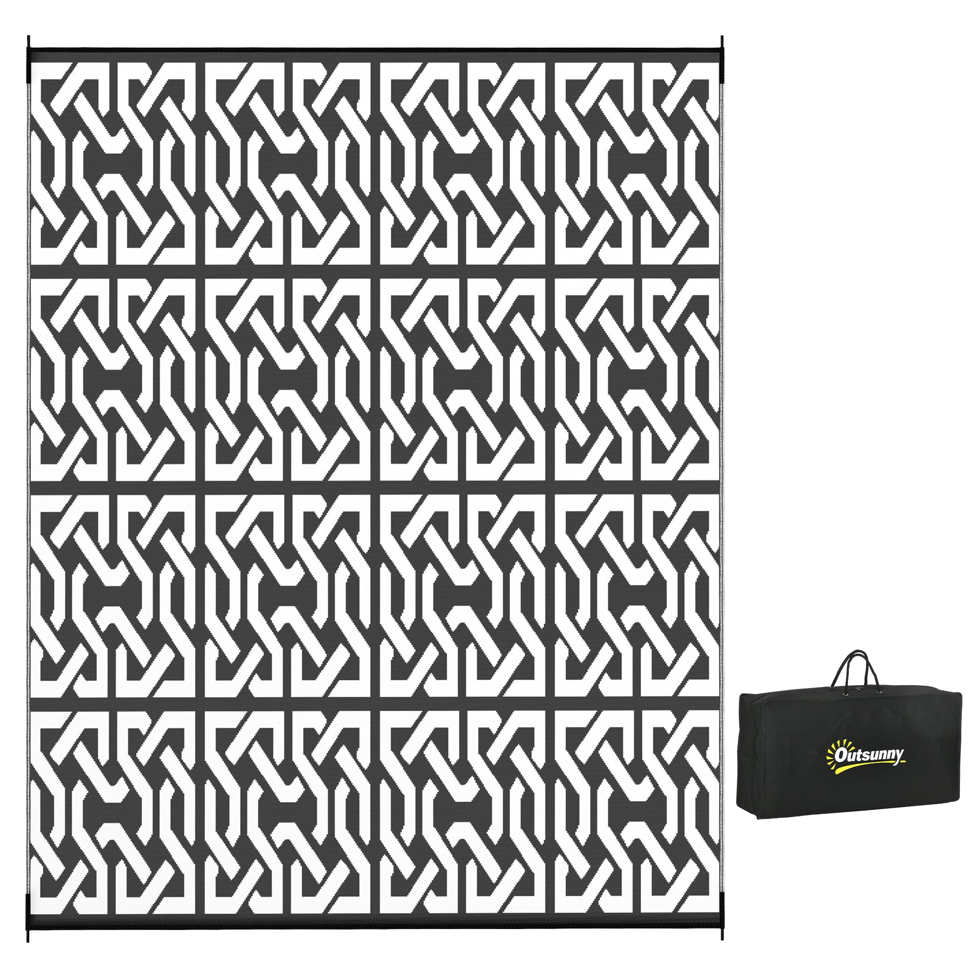 8×10 RV Camping Rug With Carry Bag, Black & White Chain Pattern