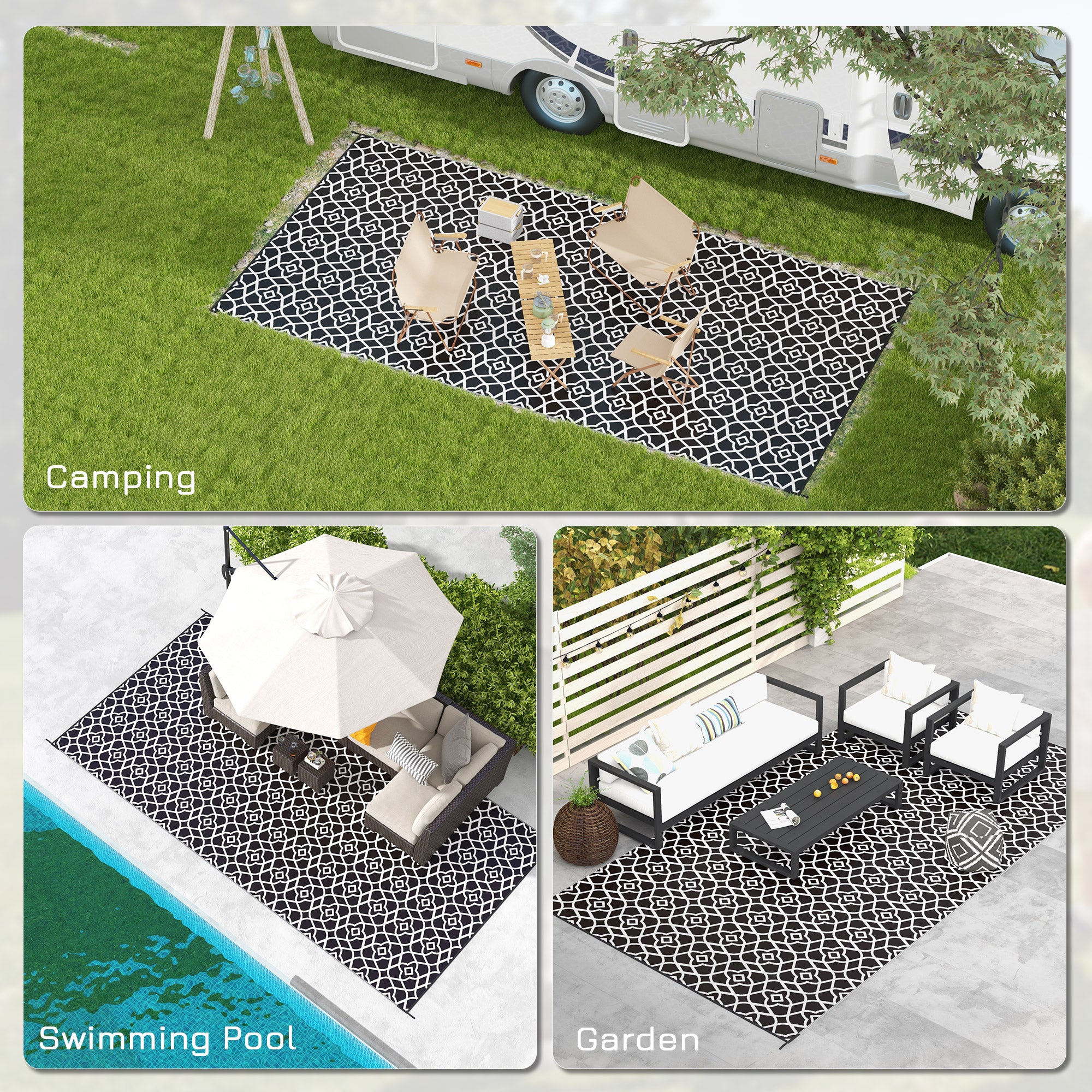 Reversible Black & White Clover Outdoor Rug
