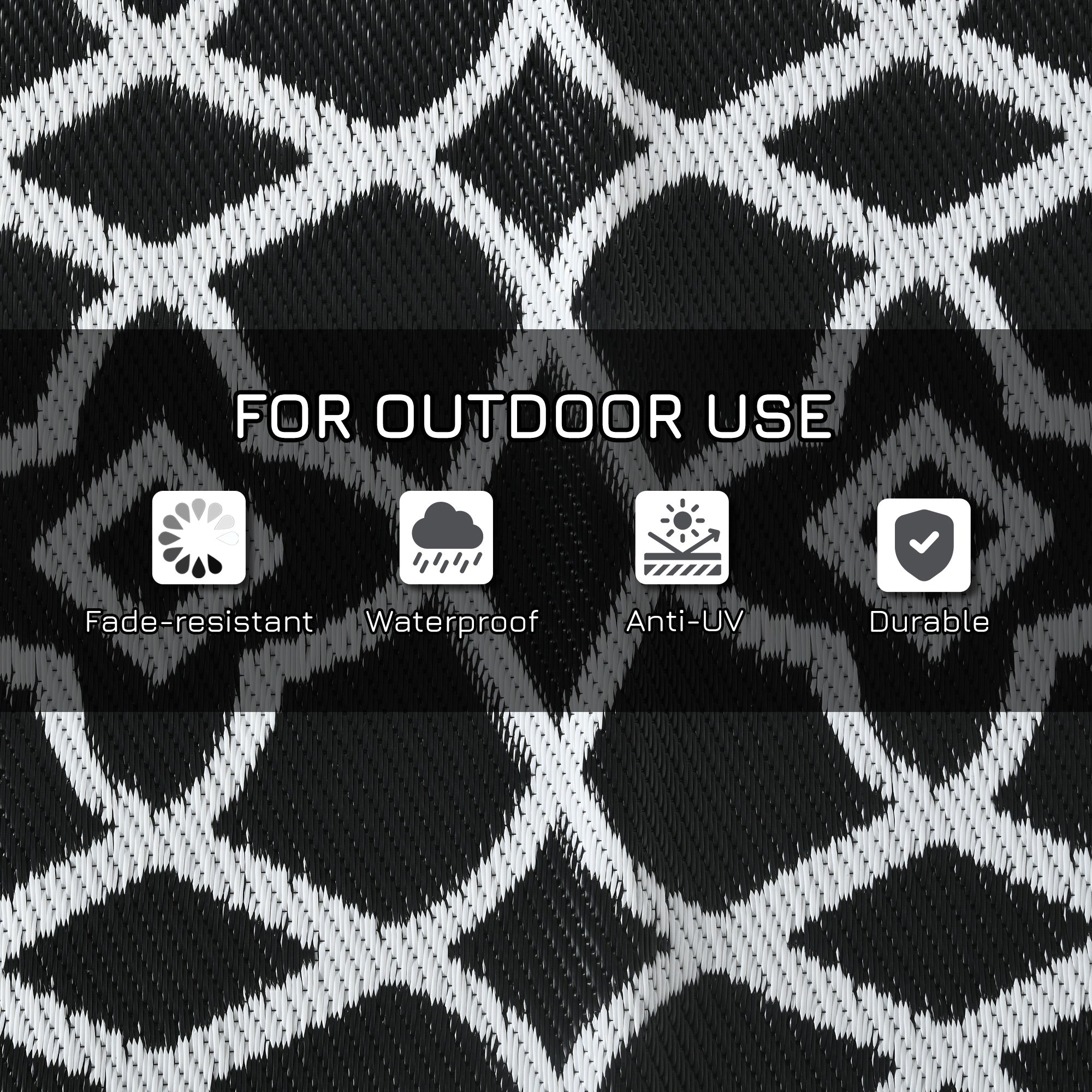 8×10 RV Camping Rug With Carry Bag, Black & White Clover Pattern