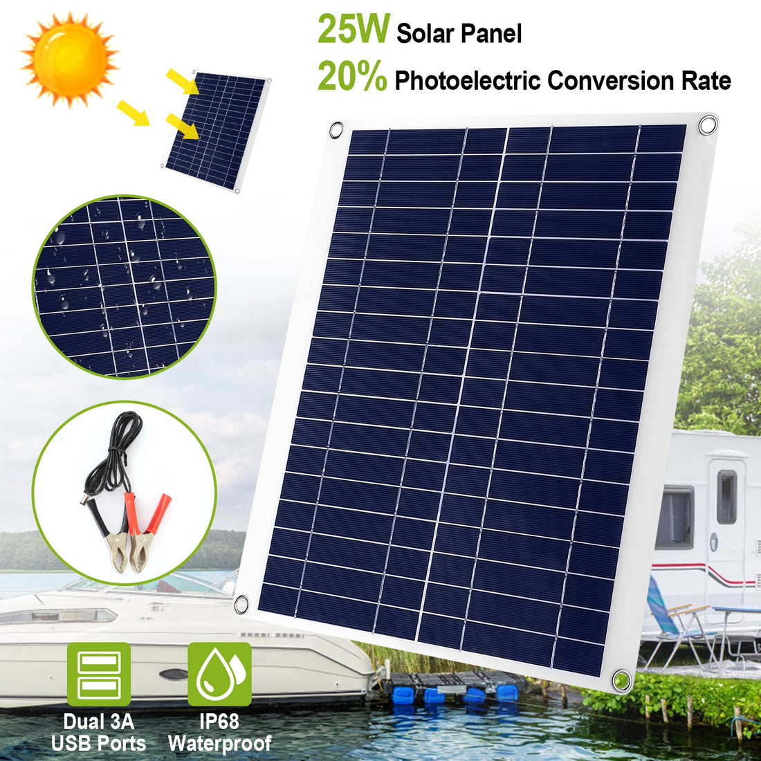 1Pc Outdoor Solar Panel 12V 25W Car Battery Charger