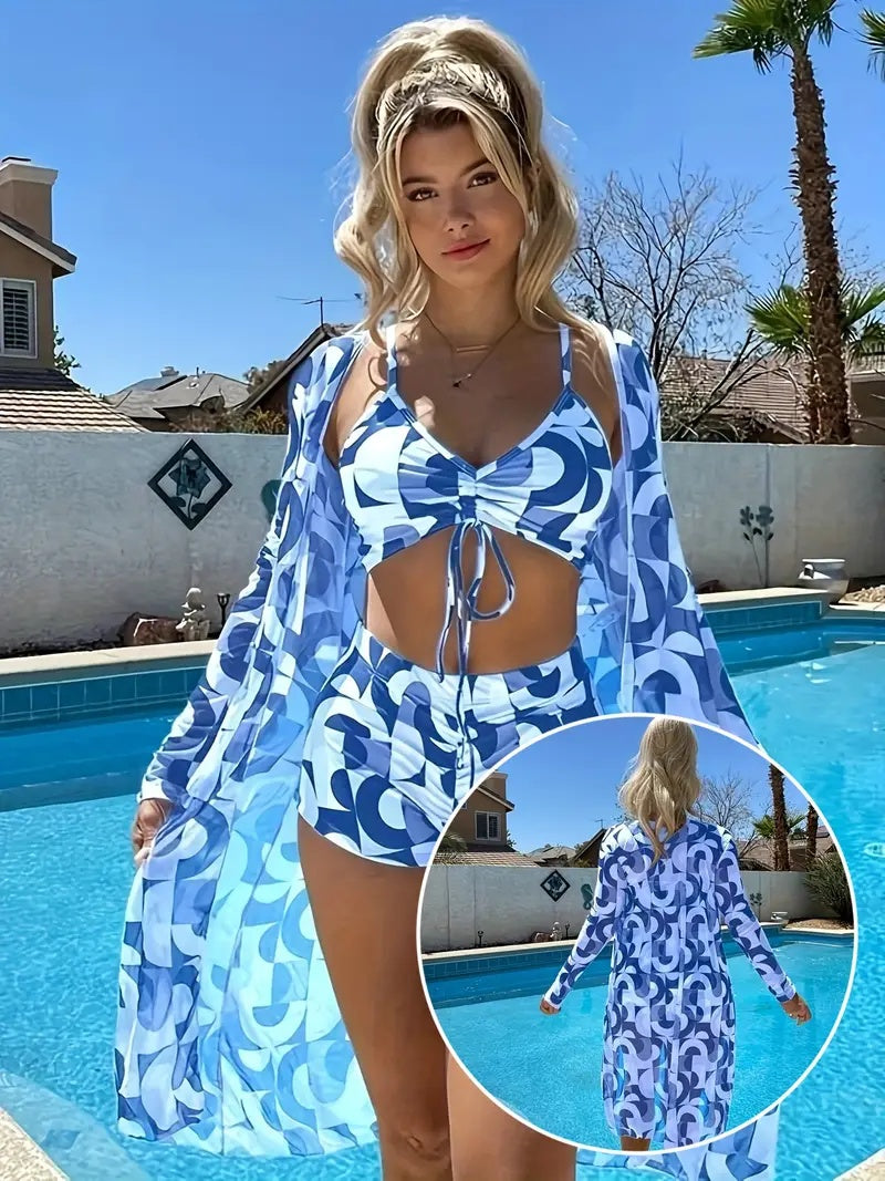 High Waist Three-Piece Long Sleeve Drawstring Swimsuit Set