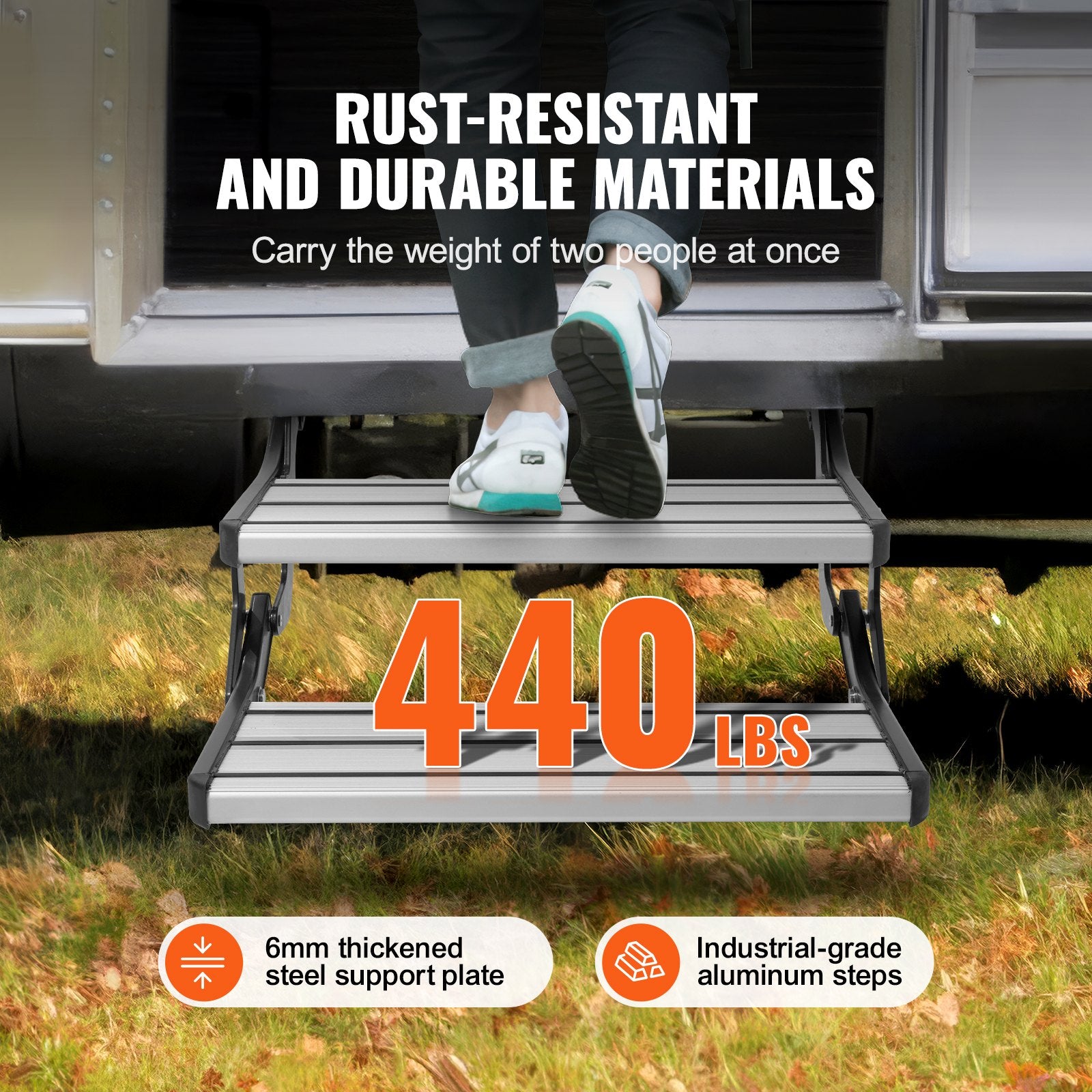 RV Steps, 2-Step, Manual Retractable RV Stairs, Foldable