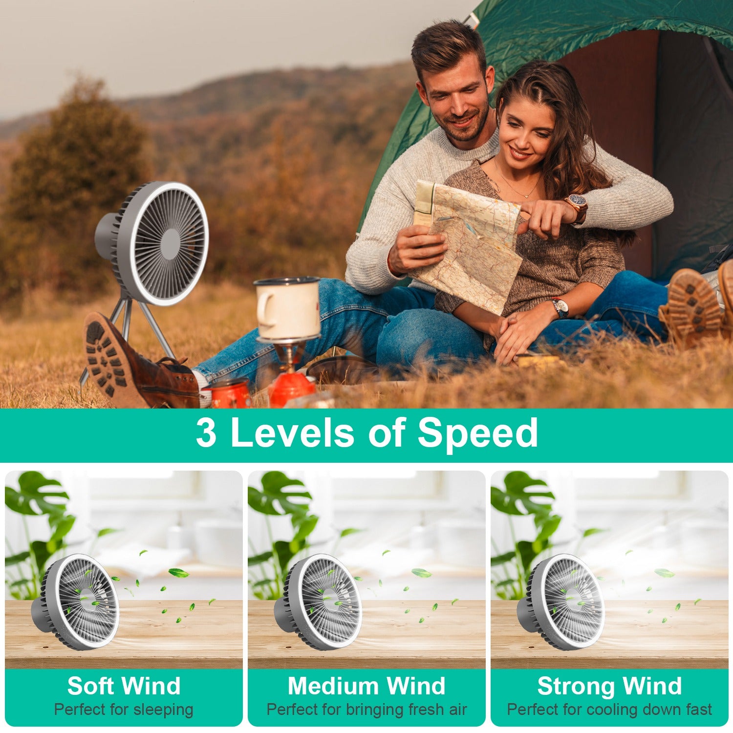 Rechargeable Camping Fan With LED Lantern