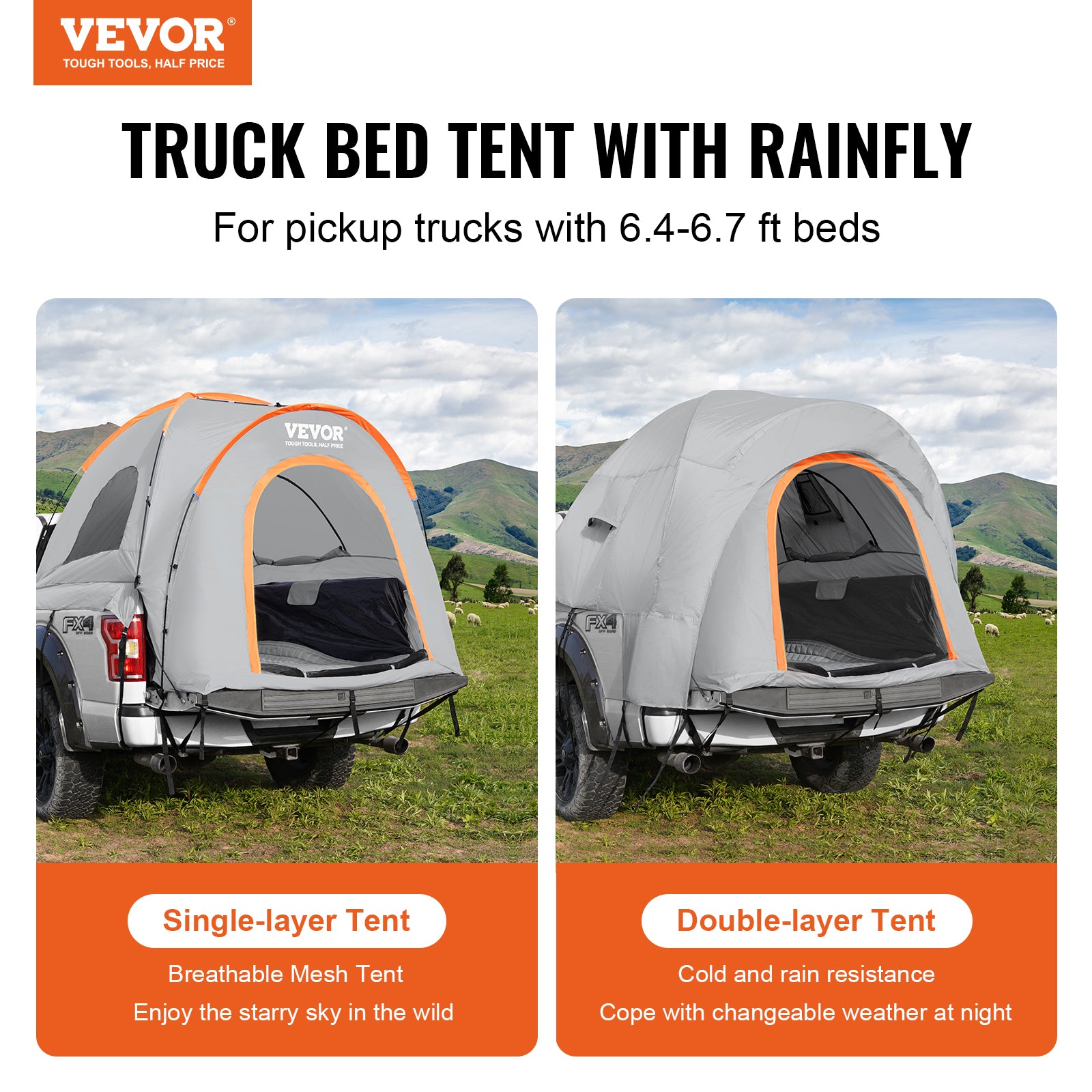 VEVOR Truck Bed Tent 6.4–6.7 Ft Waterproof Double Layer 2–3 Person