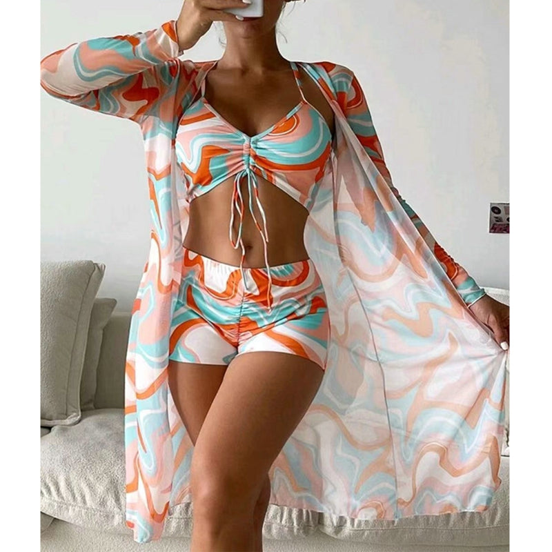 High Waist Three-Piece Long Sleeve Drawstring Swimsuit Set