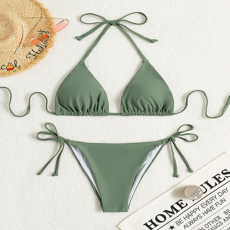 Solid Color Side Tie Halter Bikini Swimsuit